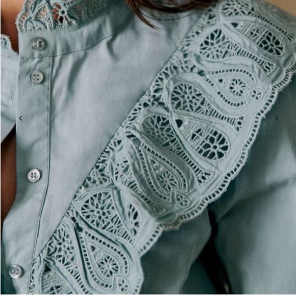 Sezane Desiree Button Down Blouse Chic Lace-Trimmed Blouse in Soft Blue - Picture 3 of 7